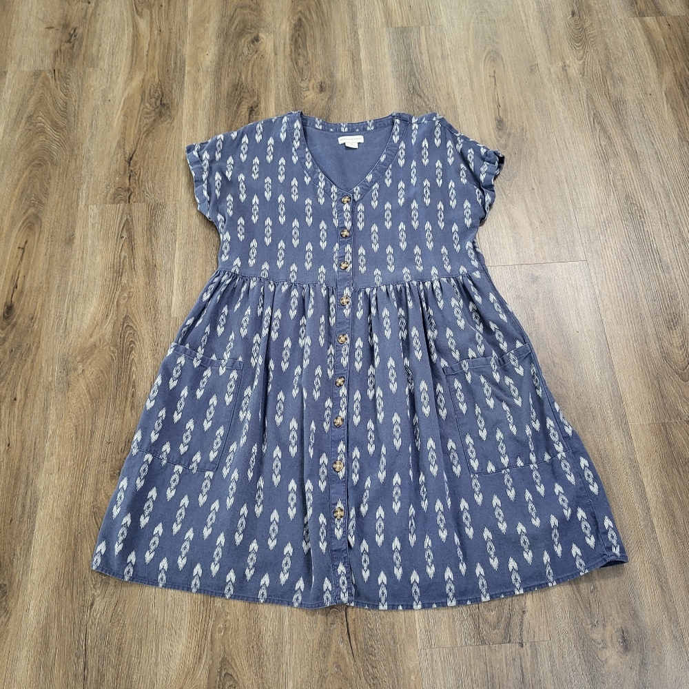 Peyton & Parker Dress Medium Blue Linen Rayon Front Button Relaxed Coastal Beach